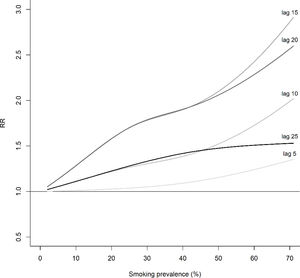 Relative risk (RR) curves for lung cancer mortality as a function of smoking prevalence for different lags.