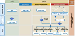 COPD treatment guided by risk level and clinical phenotype. Footnote: (*) Second-line option in patients with blood eosinophil counts>100cells/mm3, depending on the frequency, severity, and etiology of exacerbations, and considering the risk of pneumonia.