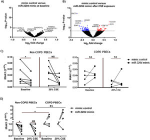 Altered gene expression upon miR-320d overexpression in PBECs. Primary bronchial epithelial cells (PBECs) of non-COPD controls (n=10) were grown to 70% confluence, transfected with 1nM miR-320d or mimic control for 4h, growth factor-deprived overnight and stimulated with 0% (baseline) or 20% cigarette smoke extract (CSE) for 24h. Cells were harvested for RNA isolation and gene expression profiles were determined by RNA sequencing and qPCR. (a) volcano plot of gene expression profiles in PBECs transfected with mimic control versus miR-320d mimic at baseline. (b) volcano plot of gene expression profiles in PBECs transfected with mimic control versus miR-320d mimic after 20% CSE stimulation. The top 5 gene names with the highest and lowest P-value were shown. In red the upregulated genes and in blue the downregulated genes. (c) IRAK1 expression was assessed by qPCR in non-COPD donors (n=6) and COPD donors (n=4), related to housekeeping genes B2M and PPIA and expressed as 2−ΔCt. (d) IRAK1 expression was assessed by qPCR in non-COPD (n=6) and COPD donors (n=4), related to housekeeping genes B2M and PPIA and expressed as fold induction compared to mimic control (2−ΔΔCt). *P<0.05 between the indicated values as assessed by the Wilcoxon signed rank test for paired observations within groups or the Mann–Whitney U test between groups. NS; not significant.