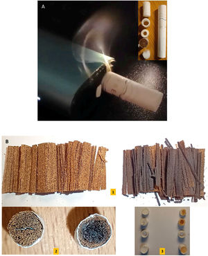 (A) Smoke delivered by unit, and exploded view of a specific cigarette for induction use. (B) Changes in tobacco and filters. For all images: on the left before, on the right after smoking. Note the charring of the tobacco, (1) Tobacco extracted from the specific cigarette of the device. (2) Device-specific cigarette modified tobacco plug (note the inductive metal located in direct contact with the tobacco). (3) Filters normally in the body of the cigarette.