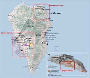 Map showing La Palma with the high-exposure and low-exposure areas.18