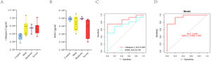 Experimental verification. (A) Expression of cathepsin Z correlates positively with OSA severity. (B) Expression of SHBG correlates negatively with OSA severity. (C) ROC curves for the separate diagnosis of pediatric OSA using the expression levels of cathepsin Z and SHBG in serum. (D) ROC curves for the combined diagnosis of pediatric OSA using cathepsin Z and SHBG in serum.