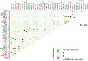 Somatic interactions between pairs of genes. Green color is for co-occurrence and pink for mutually exclusive, in boxes. Purple genes are tumor genes, red are inflammation genes, green are COPD-associated genes and black are lung development genes. Number in brackets represents the count of mutations for a given gene. *: p-Value<0.05 for Fisher