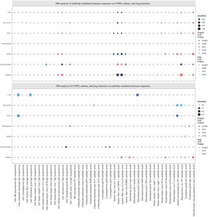 Causal estimates of bidirectional MR between antibody-mediated immune responses, COPD, asthma, emphysema, bronchiectasis, FEV1, FVC, and FEV1/FVC. Top: Estimates from the IVW analysis of antibody-mediated immune responses on COPD, asthma, emphysema, bronchiectasis, FEV1, FVC, and FEV1/FVC. Bottom: Estimates from the IVW analysis of COPD, asthma, emphysema, bronchiectasis, FEV1, FVC, and FEV1/FVC on antibody-mediated immune responses. The antibody-mediated immune responses features underlined in red were related to COPD, asthma, FEV1, and FVC. COPD: chronic obstructive pulmonary disease; FEV1: forced expiratory volume in the first second; FVC: forced vital capacity; MR: Mendelian randomization.