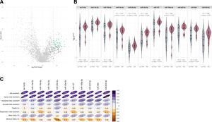 Identification of microRNAs related to obstructive sleep apnea. (A) Volcano plot showing the p-value versus the fold change for the microRNAs analyzed in the discovery phase. microRNAs over the 90th decile of expression are depicted in dark gray. The green dots indicate microRNA candidates. (B) Violin plots including microRNAs that fulfilled the selection criteria in the technical validation phase. Plots depict log102−ΔCq as the microRNA expression unit. The gray color indicates the nonobstructive sleep apnea group, and the red color indicates the obstructive sleep apnea group. The plot presents the median (25th and 75th percentiles) estimator of the density (as density curves) and individual values (black dots). Fold changes and p-values are displayed. (C) Correlogram showing spearman correlation coefficients between polysomnographic parameters and the microRNAs that fulfilled the selection criteria in the technical validation phase. The color scale illustrates the degree of correlation and ranges, indicating the negative to positive correlations. Abbreviations: AHI: apnea–hypopnea index; OSA: obstructive sleep apnea; SaO2: oxygen saturation; TSat90: time during the night with SaO2 below 90%.