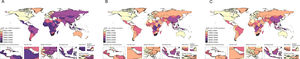 A: ASPR of TB in 1990; B: ASPR of TB in 2019; C: ASPR of TB in 2021. TB: tuberculosis. ASPR: age standardized prevalence rate.