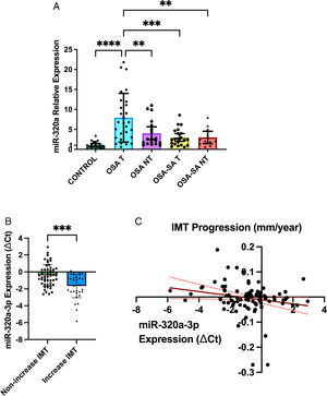 Progression of carotid intima–media thickness (CIMT) and exosomal miR-320a-3p at 1-year follow-up. (A) Relative expression of exosomal miR-320a-3p at 1-year follow-up. (B) Delta Ct of exosomal miR-320a-3p in OSA at baseline classified according to their CIMT progression in the follow-up. (C) Lineal regression between miR-320a-3p and IMT progression. OSA: obstructive sleep apnea; OSA-SA: OSA and subclinical atherosclerosis; T: treated with CPAP; NT: not treated with CPAP. **p<0.01; ***p<0.001; ****p<0.0001.