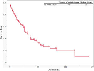 Overall survival in patients with primary pulmonary artery sarcoma. Median OS of all patients with PPAS was 31 months. PPAS, primary pulmonary artery sarcoma; OS, overall survival.