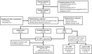 Flowchart of patient recruitment. Abbreviations: ABO: asthma–bronchiectasis overlap; Eos-ABO: eosinophilic asthma–bronchiectasis overlap; nonEos-ABO: non-eosinophilic asthma–bronchiectasis overlap; AE: acute exacerbation.