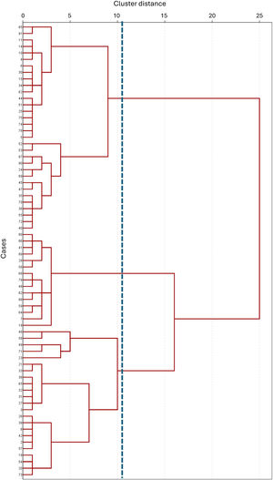 Dendrogram resulting from the cluster analysis performed on a sample of 70 COPD patients physically inactive, using Ward