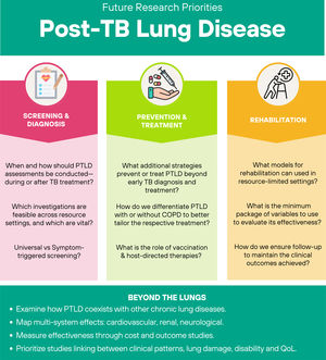 Future research priorities for post-tuberculosis lung disease (PTLD). COPD=chronic obstructive pulmonary disease; QoL=quality of life. Future research priorities for post-tuberculosis lung disease (PTLD). COPD=chronic obstructive pulmonary disease; QoL=quality of life.