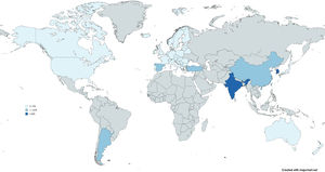 World map illustrating the prevalence of post-tuberculous bronchiectasis bronchiectasis using a gradient of blue color.