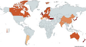 World map illustrating the prevalence of idiopathic bronchiectasis using a gradient of brown color.