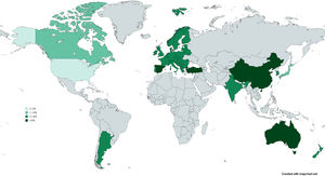 World map illustrating the prevalence of post-infectious bronchiectasis using a gradient of green color.