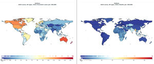 Worldwide distribution of asthma prevalence and mortality per 100,000.