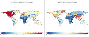 Worldwide distribution of COPD prevalence and mortality per 100,000.