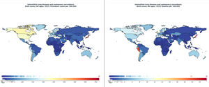 Worldwide distribution of ILD and pulmonary sarcoidosis prevalence and mortality per 100,000.