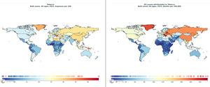 Worldwide distribution of tobacco smoking prevalence (expsoure per 100) and mortality per 100,000.