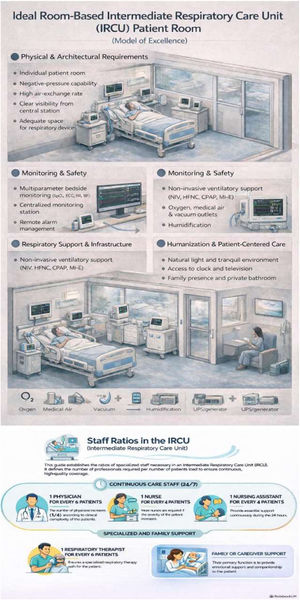 Graphical summary of the architectural, technological and staffing characteristics that a respiratory intermediate care unit (IRCU) should meet.