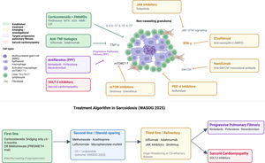 Therapeutic targets and treatment algorithm in sarcoidosis. Upper panel: key pathogenic pathways driving granuloma formation and their pharmacological targets. The non-caseating granuloma is composed of multinucleated giant cells (MNG) and epithelioid macrophages in the core, surrounded by activated macrophages with upregulated mTORC1 signaling, and an outer layer of CD4+ Th1/Th17 lymphocytes. Fibroblasts are present at the periphery. Green boxes indicate established treatments; amber boxes indicate emerging or investigational agents; purple box indicates agents targeting progressive pulmonary fibrosis (PPF); red box indicates therapy for sarcoid cardiomyopathy. Lower panel: treatment algorithm adapted from the 2025 WASOG Position Paper, stratifying therapy by disease severity and organ involvement. CS: corticosteroids; MTX: methotrexate; AZA: azathioprine; MMF: mycophenolate mofetil; LEF: leflunomide; NRP2: neuropilin-2; GM-CSF: granulocyte-macrophage colony-stimulating factor; JAK: Janus kinase; mTOR: mechanistic target of rapamycin; PDE-4: phosphodiesterase-4; PPF: progressive pulmonary fibrosis; MNG: multinucleated giant cell. Created with BioRender.com.