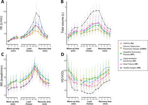 Ventilatory and metabolic component patterns during exercise testing. (A), V̇E. (B) VT. (C) Respiratory rate. (D) (D) (D) VE/VCO2. The display pattern is the same as in Fig. 2.