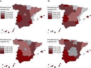 Prevalencia de síndrome metabólico (A) y síndrome metabólico premórbido (B) en población española de 18 y más años en 2008-2010, por comunidades autónomas. Las comunidades autónomas aparecen clasificadas en cuartiles de prevalencia. Análisis estandarizados por sexo y edad.