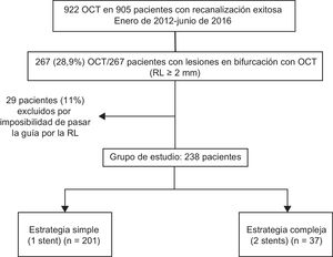 Diagrama de flujo del estudio. OCT: oclusión coronaria crónica total; RL: rama lateral.