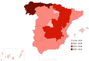 Prevalencia (%) de hipertensión conocida en España por comunidades autónomas. Adultos de edad ≥ 15 años en 201734. HTA: hipertensión arterial.