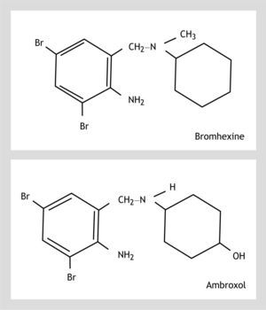 Chemical structures of bromexine and ambroxol.