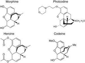 Chemical formula of morphine, heroine, pholcodine and codeine.