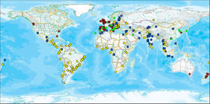 Geospatial distribution of prevalence of current symptoms of asthma and country income, 13–14-year age group. Each symbol represents a centre. The four symbols depict different levels of prevalence of symptoms combined with their categorisation as affluent or non-affluent. Red stars indicate high prevalence of current symptoms of asthma (≥10%) and affluent (GNI>$9265); yellow diamonds indicate high prevalence of current symptoms of asthma and non-affluent; green circles indicate low prevalence of current symptoms of asthma and affluent; and blue squares indicate low prevalence of current symptoms of asthma and non-affluent. (For interpretation of the references to colour in this figure legend, the reader is referred to the web version of the article.)