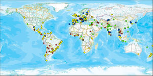 Geospatial distribution of prevalence of current symptoms of asthma and particulate matter (PM10), 13–14-year age group. Each symbol represents a centre. The four symbols depict different levels of prevalence of symptoms combined with their categorisation as low or high (PM10). Red stars indicate high prevalence of current symptoms of asthma (≥10%) and high PM10 (≥50μg/m3); yellow diamonds indicate high prevalence of current symptoms of asthma and low PM10; green circles indicate low prevalence of current symptoms of asthma and high PM10; and blue squares indicate low prevalence of current symptoms of asthma and low PM10. (For interpretation of the references to colour in this figure legend, the reader is referred to the web version of the article.)