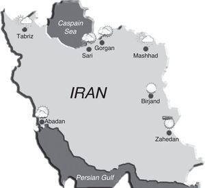 Map of Iran showing the location of surveyed cities including Abadan in south, Birjand in east, Gorgan and Sari in north, Mashhad in north-east, Tabriz in north-west and Zahedan in south-east.