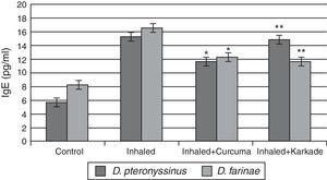 IgE levels in male albino rats untreated (control), inhaled with D. pteronyssinus and D. farinae mite faeces and treated with either curcuma or karkade. * shows the significance of treated rates with curcuma in comparison to the inhaled rates. ** shows the significance of treated rates with karkade in comparison to the inhaled rates.