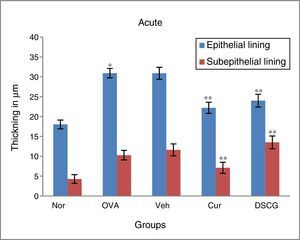 Effect of curcumin on epithelial and smooth muscle lining. In OVA-challenged group inflammation and thickening was found higher as compared to the control group in both acute and chronic16 models while in curcumin-treated mice both were reduced significantly as compared to the OVA group. Vehicle-treated group showed similar results like asthmatic mice. The results are shown in means±SEMs. *p<0.05 nor Vs OVA group and **p<OVA Vs Cur group. Nor – normal; OVA – asthmatic; Veh – vehicle; SD – standard drug (DSCG in acute and dexamethasone in chronic).