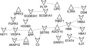 The protein–protein interaction (PPI) network of DEGs identified in notSA vs. NC. Upper triangular node stands for up-regulated DEGs, while lower triangular node stands for down-regulated DEGs.