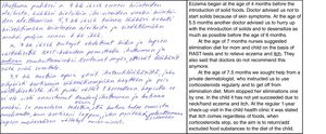 A parent's real-life description of parental confusion caused by discrepancies among health professionals’ provision of instructions regarding infant feeding, food allergy and atopic dermatitis in a child. L: a photo of the original Finnish handwritten free comment in the questionnaire booklet; R: free translation of the text into English.