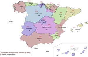 Response rate per Region. Each Region of Spain is represented by the percentage % of paediatricians in a given Region who responded to the survey with regards to the number of AEPap members in that Region in May of 2014. The absolute values represent the number of paediatricians responding the survey in each Region.