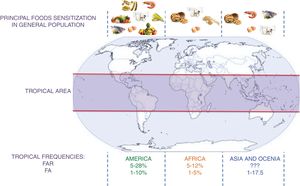 Principal foods in tropical areas by continent and frequency of FAR and FA. FAR: Food Adverse Reaction. FA: food allergy.?: no data. This figure summarizes the information contained in the articles cited in the section “IgE sensitization in the tropics” and “Food allergic reactions”.