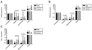 The expression of (A) GATA-3, (B) ROR-γt, and (C) T-bet genes in the severe, moderate, and mild asthmatic patients’ PBMCs. Hydroalcoholic extract of ginger (350μg/mL), budesonide (10−8M), and PHA as a positive control were added to PBMCs separated from three groups of patients (n=24, severe (6), moderate (11), and mild (7) allergic asthma, according to GINA criteria) for 48h. There was also an untreated group as a control. The gene expression was measured by quantitative PCR and the results were expressed as the mean±1 SD calculated from triplicated experiments. EF-1 gene expression was used as a control for normalization. Data are shown as relative expression levels of the mentioned genes under the effect of ginger extract compared with budesonide or PHA or the untreated group. P value <0.05 was considered significant.