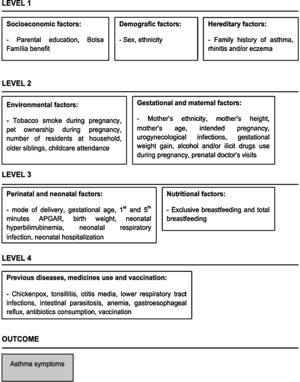 Hierarchical conceptual framework with variables potentially associated with asthma symptoms at 6–7 years.