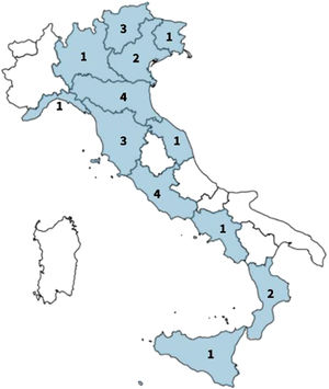Number of representatives of the main Italian pediatric allergy centres who answered the survey divided by regions.