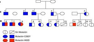 Árbol genealógico con las mutaciones detectadas en los miembros de la familia.