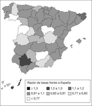 Distribución geográfica de la mortalidad por cáncer de mama en España 1996–2000 (Ministerio Sanidad y Consumo, 2005).