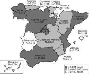 Distribución en terciles del número de casos de neoplasia intraepitelial cervical CIN diagnosticados anualmente en España por Comunidad Autónoma. Estimación obtenida mediante extrapolación de los resultados de la muestra del estudio a la población general femenina española.