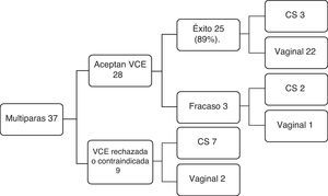Vía de parto en multíparas tras la aplicación conjunta de VCE e IPV. CS: cesárea; IPV: intento de parto vaginal; VCE: versión cefálica externa.