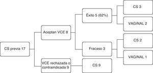 Vía de parto en gestantes con cesárea anterior tras la aplicación de VCE e IPV. CS: cesárea; IPV: intento de parto vaginal; VCE: versión cefálica externa.