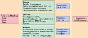 Propuesta de valoración multidimensional de las bronquiectasias (gravedad + actividad + impacto). BACI: Bronchiectasis Aetiology Comorbidities Index; BHQ: Bronchiectasis Health Questionnaire; CAT: COPD assessment test; FEV1: volumen espiratorio máximo en el primer segundo; HADS: Hospital Anxiety and Depression Scale; IMC: índice de masa corporal; LCQ: Leicester Cough Questionnaire; MRC: Medical Research Council. Tomada de Girón RM, et al8. Propuesta de valoración multidimensional de las bronquiectasias (gravedad + actividad + impacto). BACI: Bronchiectasis Aetiology Comorbidities Index; BHQ: Bronchiectasis Health Questionnaire; CAT: COPD assessment test; FEV1: volumen espiratorio máximo en el primer segundo; HADS: Hospital Anxiety and Depression Scale; IMC: índice de masa corporal; LCQ: Leicester Cough Questionnaire; MRC: Medical Research Council. Tomada de Girón RM, et al8.