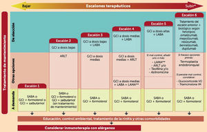Escalones de tratamiento del asma. ARLT: antagonista de los receptores de los leucotrienos; GCI: glucocorticoide inhalado; IM: intramuscular; LABA: agonista beta-2 adrenérgico de acción prolongada; LAMA: anticolinérgicos de acción larga; SABA: agonista beta-2 adrenérgico de acción corta. *Tras confirmar la correcta adhesión terapéutica y el empleo del inhalador/es. **LAMA: tiotropio o glicopirronio; VO: vía oral. Adaptada de Guía española1. Escalones de tratamiento del asma. ARLT: antagonista de los receptores de los leucotrienos; GCI: glucocorticoide inhalado; IM: intramuscular; LABA: agonista beta-2 adrenérgico de acción prolongada; LAMA: anticolinérgicos de acción larga; SABA: agonista beta-2 adrenérgico de acción corta. *Tras confirmar la correcta adhesión terapéutica y el empleo del inhalador/es. **LAMA: tiotropio o glicopirronio; VO: vía oral. Adaptada de Guía española1.