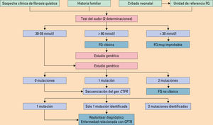 Algoritmo diagnóstico de la fibrosis quística. Modificada de Olveira C, et al10. Algoritmo diagnóstico de la fibrosis quística. Modificada de Olveira C, et al10.